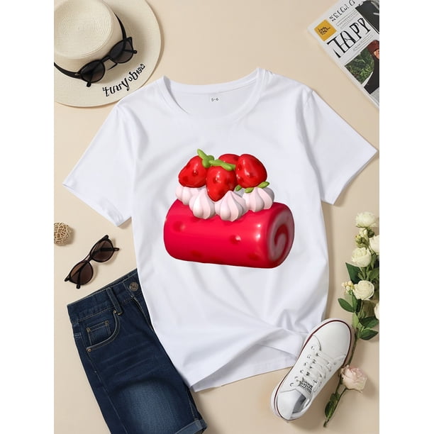 Camiseta de manga corta con cuello redondo de mezcla de algodón con estampado de postre de fresa en 3D para niños de 12 años o menos - Top de punto informal de verano con ligero estiramiento para