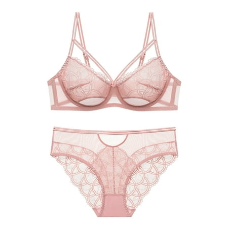 Start off 2024 Timoontee Womens Bras Charming Sexy Ultra-thin High Beauty Lace Lingerie Two-piece Set for Women Soft Ladies Underwear Pink L