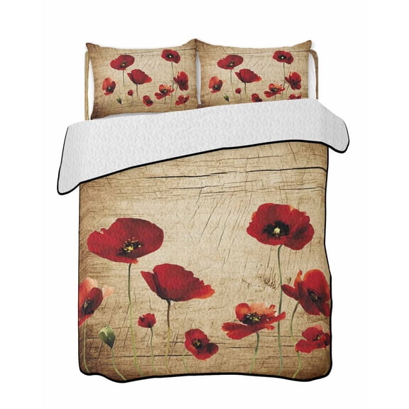 Quilts Twin Size Bedding Set, Red Poppy Flowers Lightweight Quilted Comforter, Vintage Country Floral Plant Soft Reversible Bedspread Coverlet with Pillow Covers for All Season, 68" x 86"