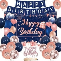 Navy Rose Gold Birthday Decorations Set for Women Girl Happy Birthday Decoration Banner Backdrop Balloon Cake Topper for 16th 18th 21st 50th 60th Birthday Party Supplies