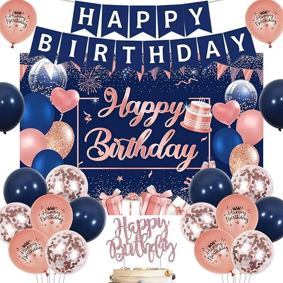 Navy Rose Gold Birthday Decorations Set for Women Girl Happy Birthday Decoration Banner Backdrop Balloon Cake Topper for 16th 18th 21st 50th 60th Birthday Party Supplies