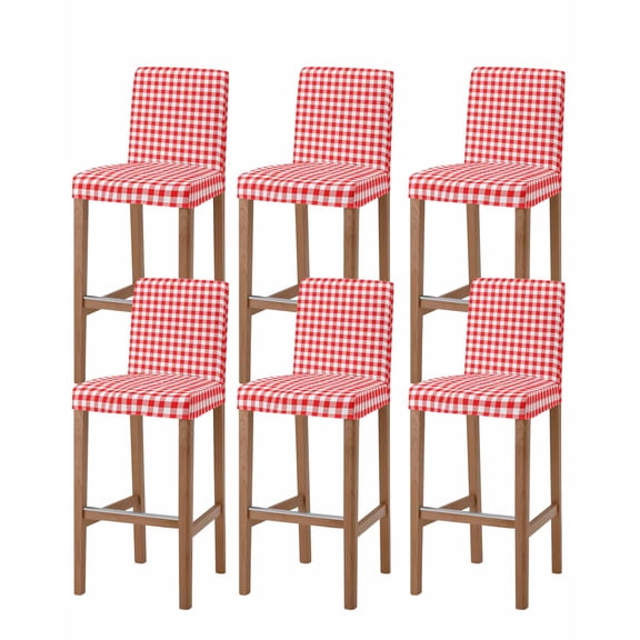 Red White Plaid Bar Stool Covers Set of 6, Modern Farmhouse Buffalo Check Gingham Stretch Washable Bar Chair Covers with Backs, Removable Pub Counter Height Chair Cover for Kitchen Dining Room Cafe
