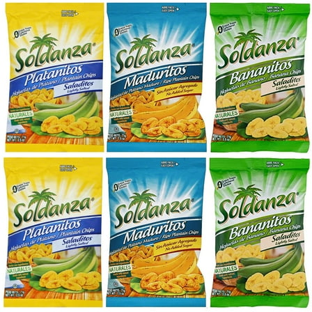 Journey of Snacks "Seri's Choice International Snack" Soldanza Plantain Chips Variety Pack 2.5oz (Pack of 6) | 2 Lightly Salted, 2 Ripe, 2 Banana