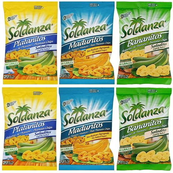 Journey of Snacks "Seri's Choice International Snack" Soldanza Plantain Chips Variety Pack 2.5oz (Pack of 6) | 2 Lightly Salted, 2 Ripe, 2 Banana