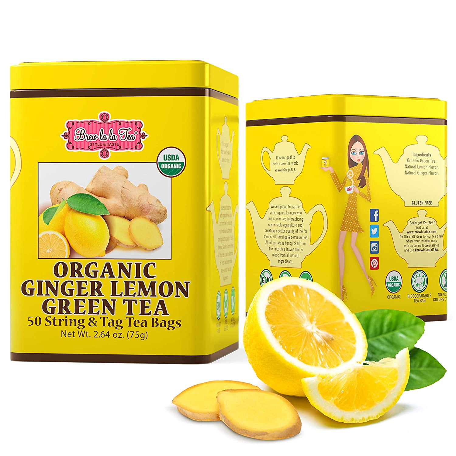 (1 Pack) Brew La La Organic Green Tea Natural Ginger Lemon Flavor