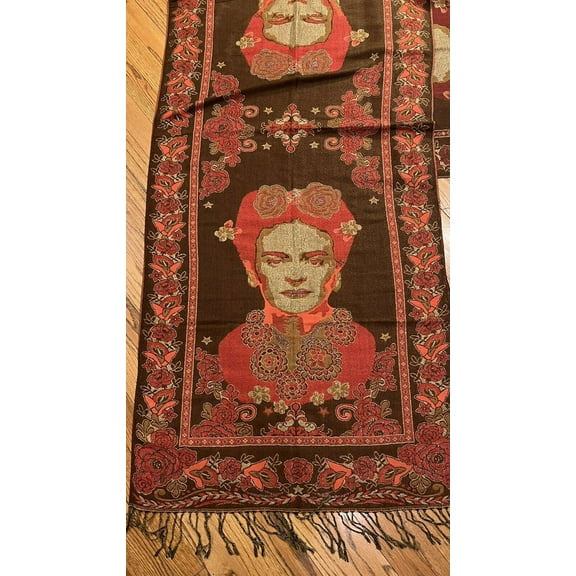 Mexican Pashmina Shawl Scarf Wrap Artist Frida Kahlo Red Brown Gold Reversible New