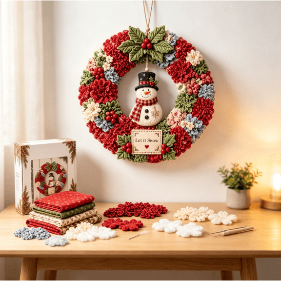 3D Fabric Poke Wreath DIY Kit, Christmas Holiday Wreath Art Kit, Simple No Sew Craft Set for Adults, Handmade Wall Fireplace Door Hanging Decoration(Snowman)