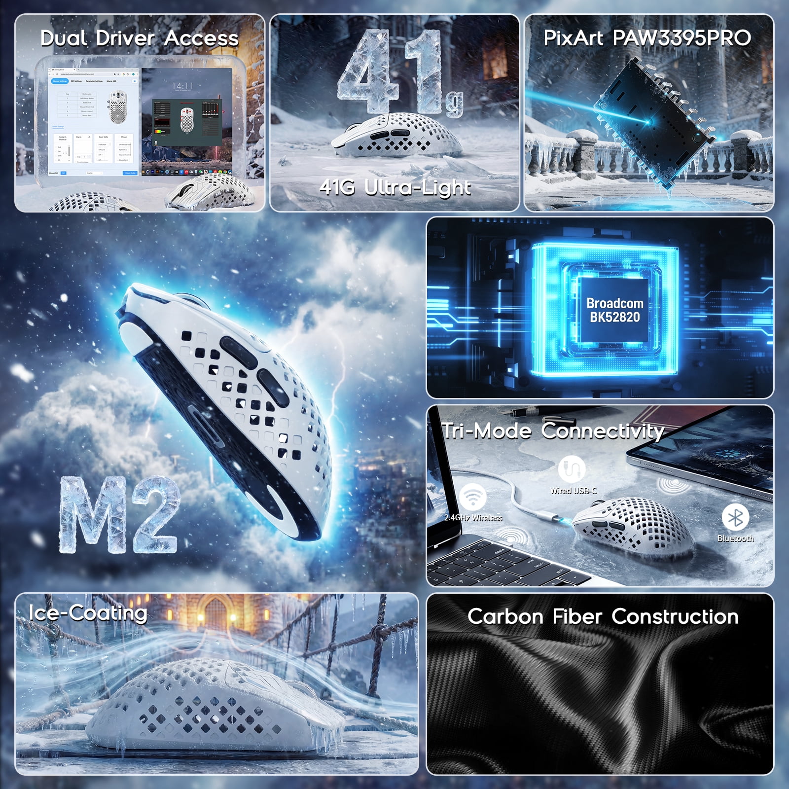 MAMBASNAKE M2 Wireless Gaming Mouse, 41g Carbon Fiber, PAW3395PRO, 40000 DPI, Tri-Mode BT/2.4G/USB-C, for PC/Mac, White