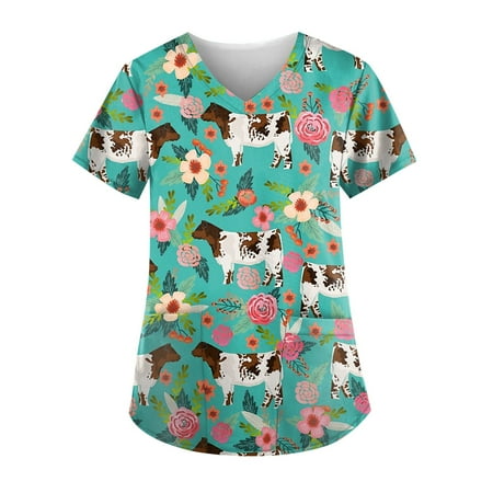 

TKing Fashion Womens Scrubs Plus Size Loose Short Sleeve Animal Print Tops Summer V Neck Pocket Work Uniform Blouses Mint Green 3XL