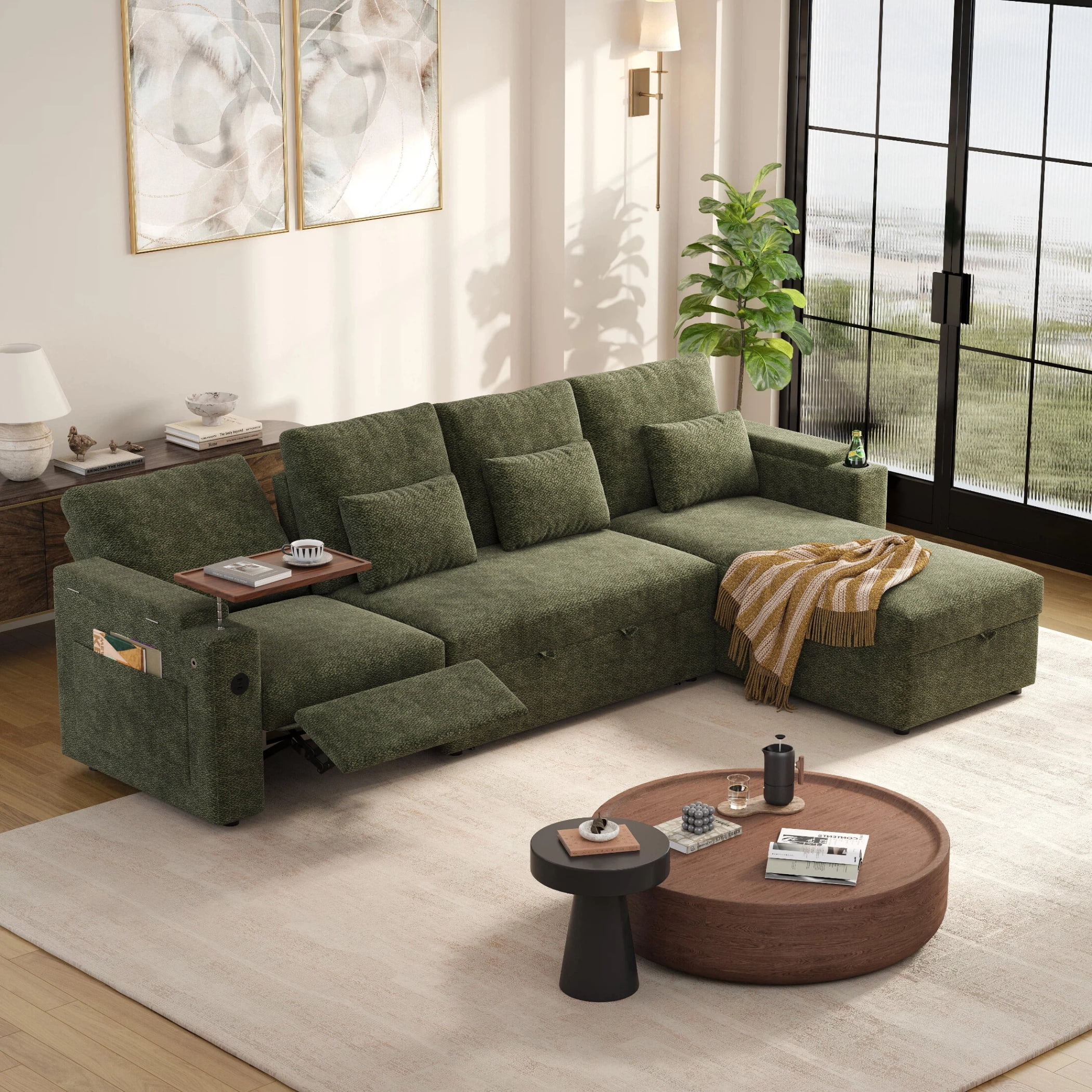 AISWORD 108" 3-in-1 Convertible Pull Out Sofa Bed, 6 Position Adjustable Sleeper Couch with USB Ports, Laptop Table, Cup Holders & Side Storage Pockets, Green