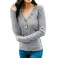 thumbnail image 1 of Women Button Up V Neck Solid Color Long Sleeve Stripe Shirt, 1 of 7