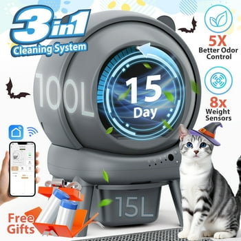 Self Cleaning Litter Box, 100 L 15L Automatic Cat Litter Box Self Cleaning for Multiple Cats, with Safety Protection, App Control,2 Roll Garbage Bags Cat litter mat