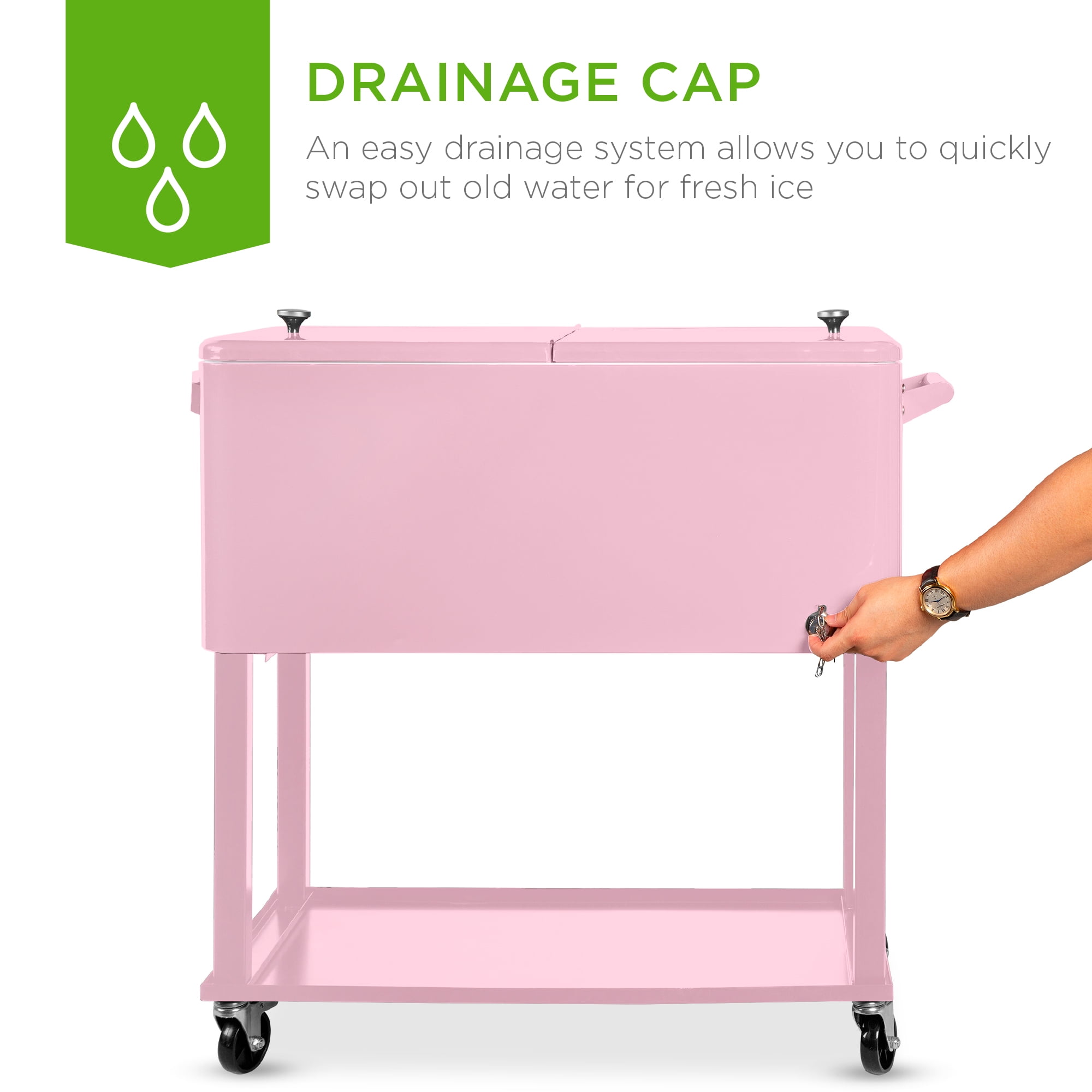 Best Choice Products 80qt Steel Rolling Cooler Cart w/ Bottle Opener, Catch Tray, Drain Plug, Locking Wheels - Pink