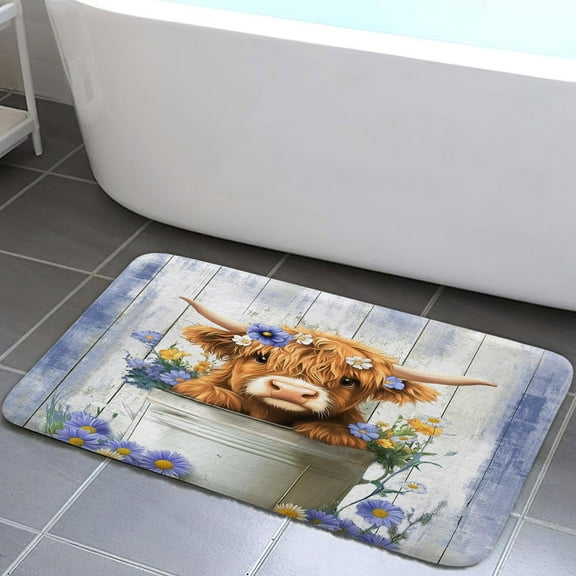 Funny Highland Cow Bath Rugs Mat, Cute Farmhouse Blue and Purple Floral Western Wood Animal Bath Mats for Bathroom, Country Rustic Turquoise Bathroom Accessories rug Soft Non Slip, 19X31IN