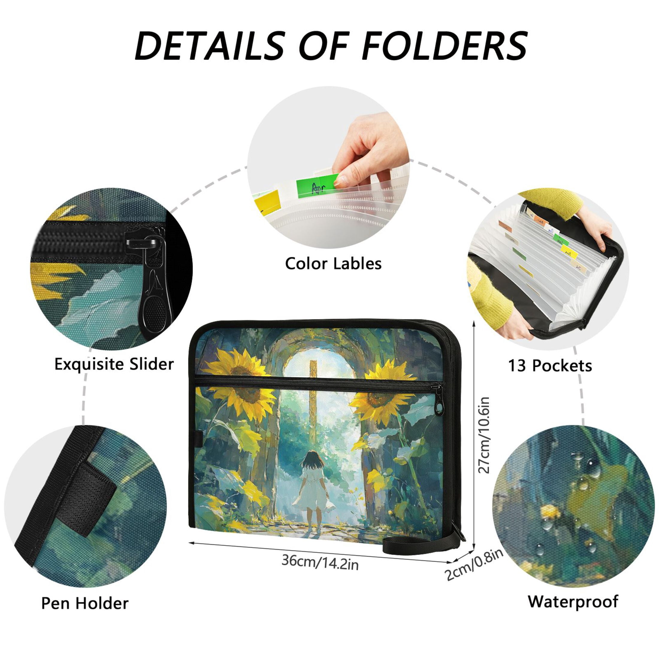 WOBOGO Sunflower Gate Expanding File Folder Letter Size Accordion Filing Organizer 13 Pocket Separate Organ Pocket