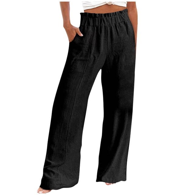 FNFYFH Clearance Comfortable Ladies Linen Pants Loose Fit Elastic Waist Solid