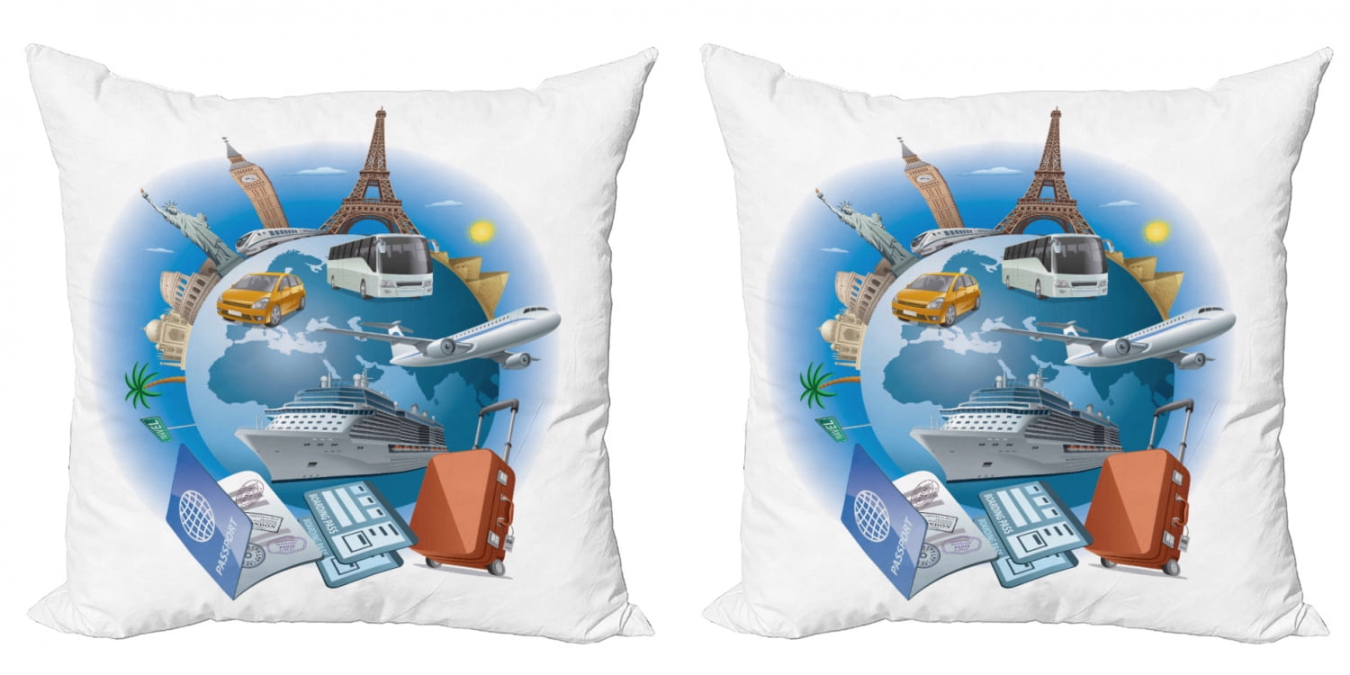 Travel Throw Pillow Cushion Cover Pack of 2, Business Travel Theme with