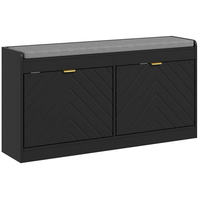 HOMCOM Banc à Chaussures avec 2 Tiroirs Basculants, Coussin, 8 Paires pour Entrée Noir