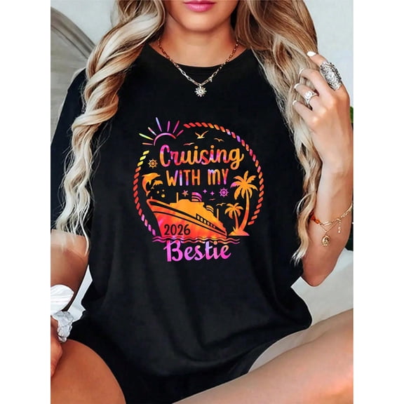 Cruise Trip Matching Friends Cruising With My Bestie 2026 T-Shirt - 100% Cotton Graphic Tees Women, Summer Clothes