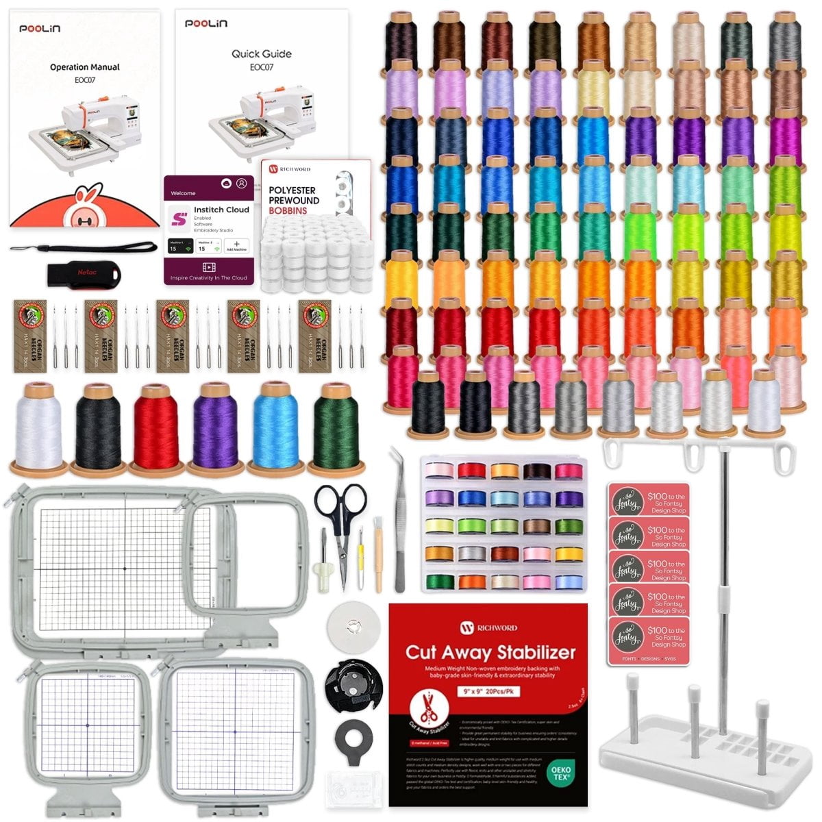 POOLIN EOC07 7.9in x 15in Embroidery Machine with 86 Embroidery Spools - Red