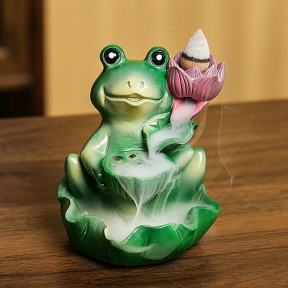 1pc Handcrafted Resin Backflow Incense Burner with Lotus & Frog Design, Home Decor Gift (Without Incense)