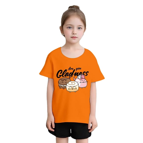 SGMVNU Cute Tops for Girls Short Sleeve Shirts Casual Crew Neck Loose Fit Cartton Printed Cotton Tops Kids Clothes for Age 9-10 Years, Orange