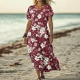 thumbnail image 2 of GNFQXSS Women's Short Sleeve Printed V Neck Maxi Dress Pull On Breathable Beach Casual Wear Loose Pattern Soft Comfortable Design Wine S, 2 of 5