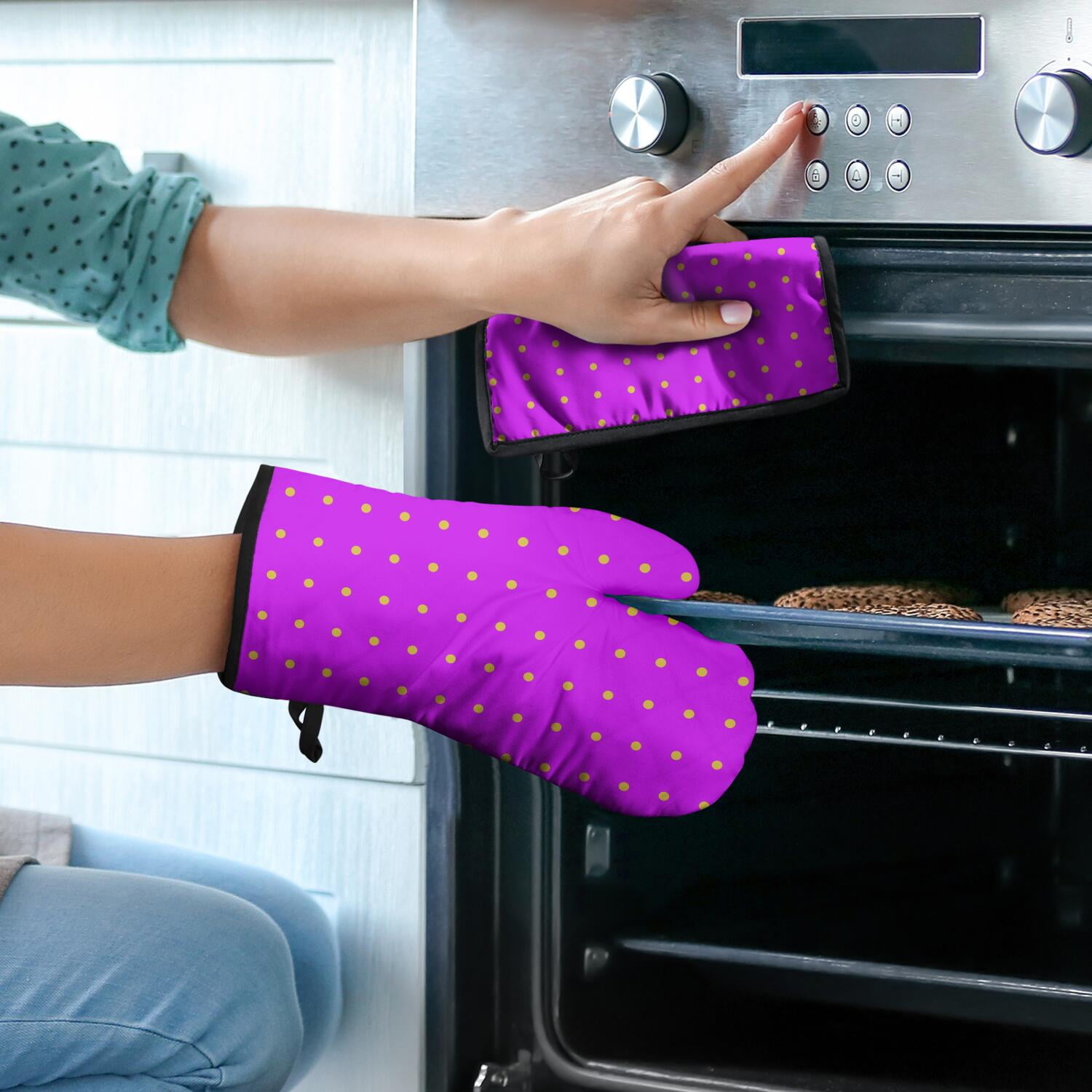 Oven Mitts and Pot Holders Set Of 4, Heat Resistant Kitchen Gloves with Non-Slip Grip, Hanging Loop, Soft Cotton Lining for Baking, Cooking, Grilling, Barbecue