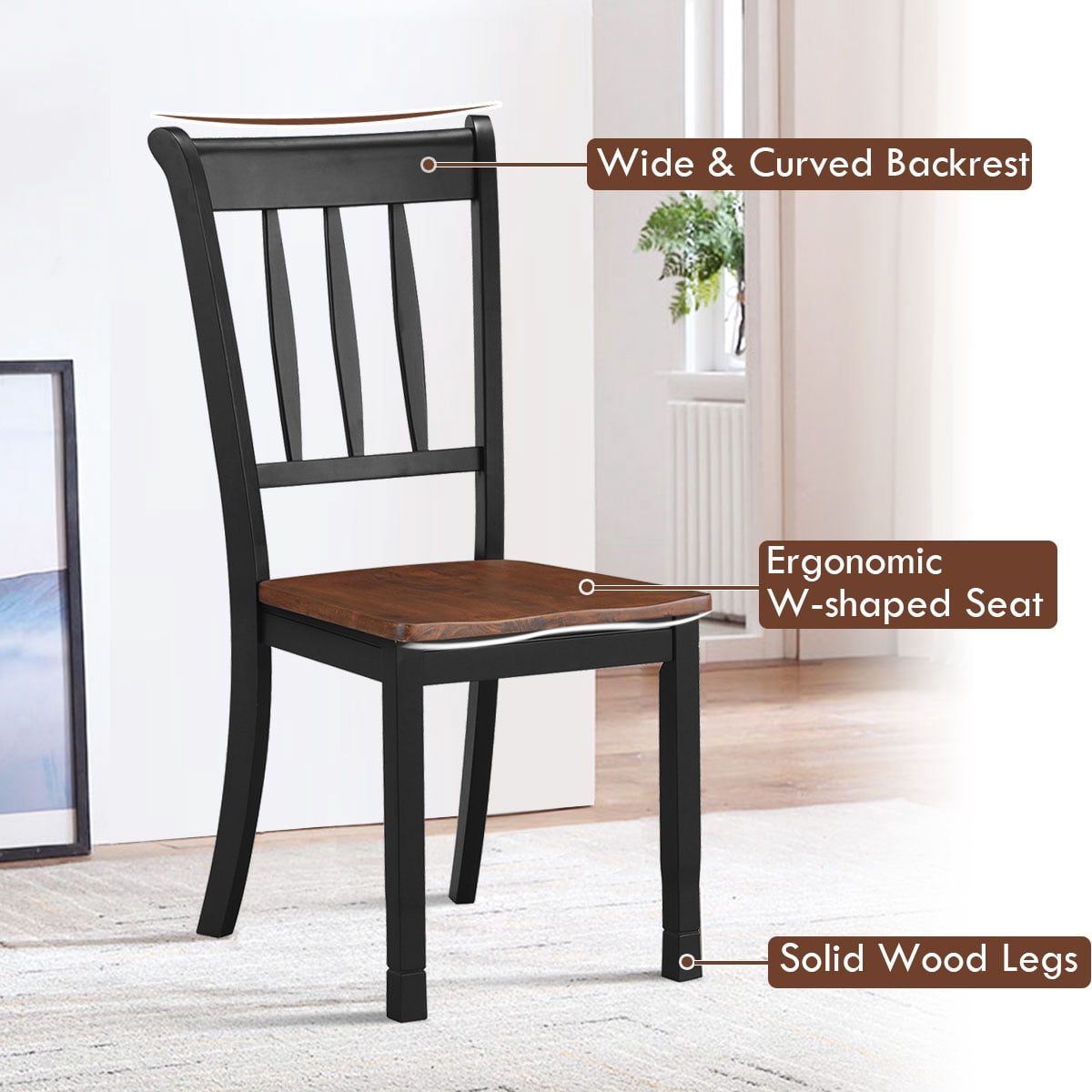 Costway Set of 2 Wood Dining Chair High Back Kitchen Whitesburg Side Chair Black