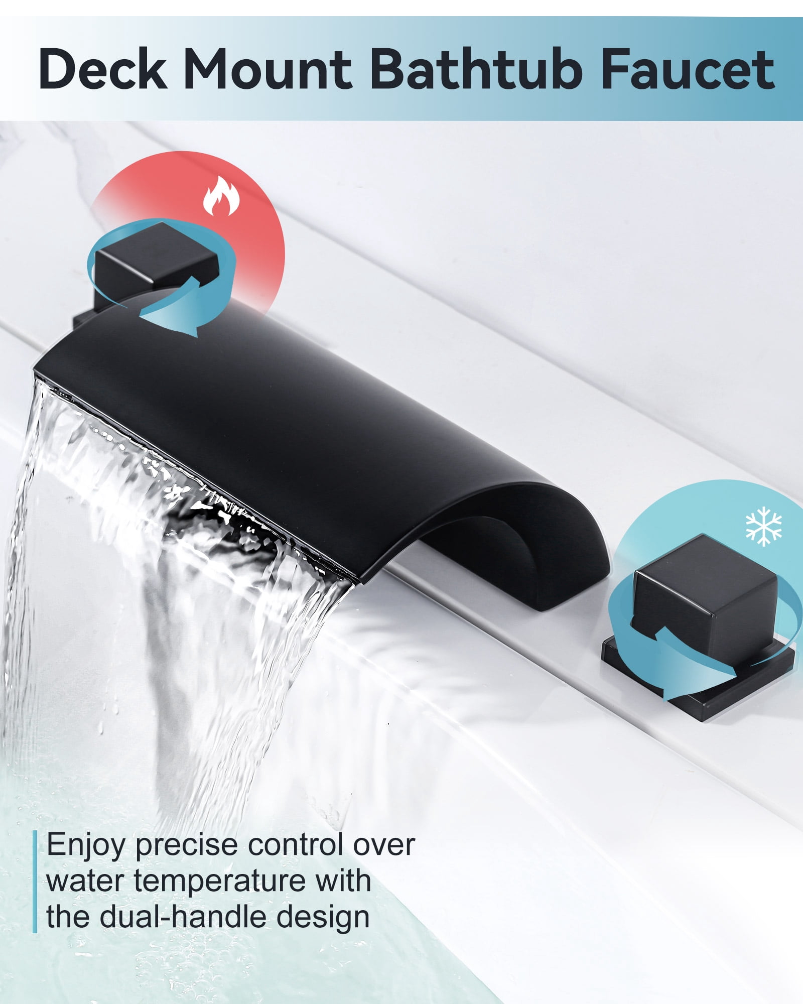 Wowow 2 Handle Waterfall Tub Faucet, Brass 3-Hole Bathtub Faucet, Matte Black