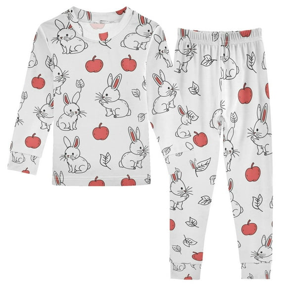 joogoo Rabbit and Apple Hand Draw 2 Piece Long Sleeve Tee and Pants Cotton Pajama Set 5Y