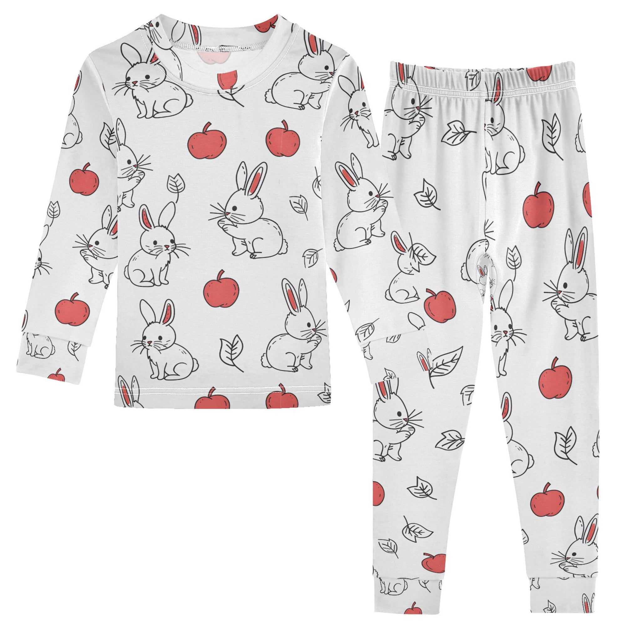 joogoo Rabbit and Apple Hand Draw Kids Pajamas Set Long Sleeve Soft Cotton Sleepwear 2 Piece 24M