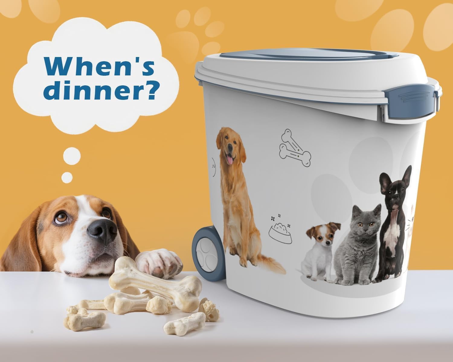 LEHOME Pet Food Storage Container with Wheels Resin 30LB Capacity Dog Food Container with Slow Feeder Bowl and Scoop Easy to Move to Keep Food Fresh for Dogs, Cats, Birds