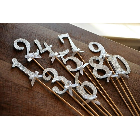 Table Numbers On Sticks In Glitter Silver Wedding Decor Ships 1 3 Business Days Number Centerpiece 10