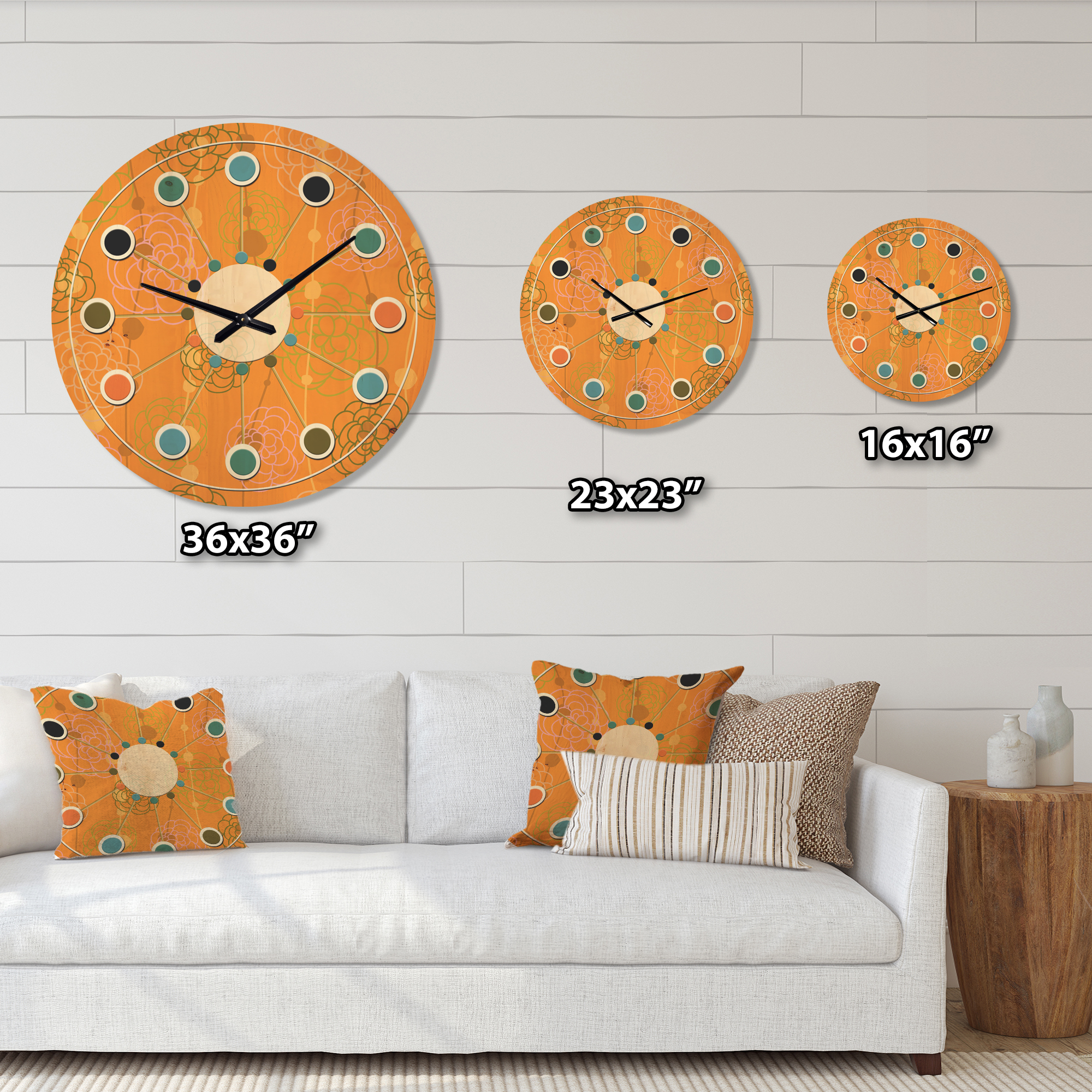 Designart 'Retro Flowers Pattern II' Mid-Century Modern Wood Wall Clock