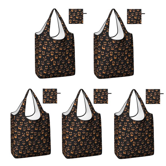 5 Pack Foldable Shopping Bag,Jack Lantern Faces Halloween Pattern Reusable Grocery Bags with Pockets,Large Reusable Tote Bags with Handles Waterproof & Lightweight