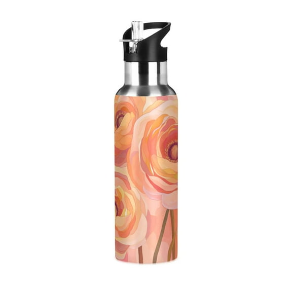 Yayeee 20oz Insulated Water Bottle Double Wall Stainless Steel with Flip Straw Lid, Pink Flowers