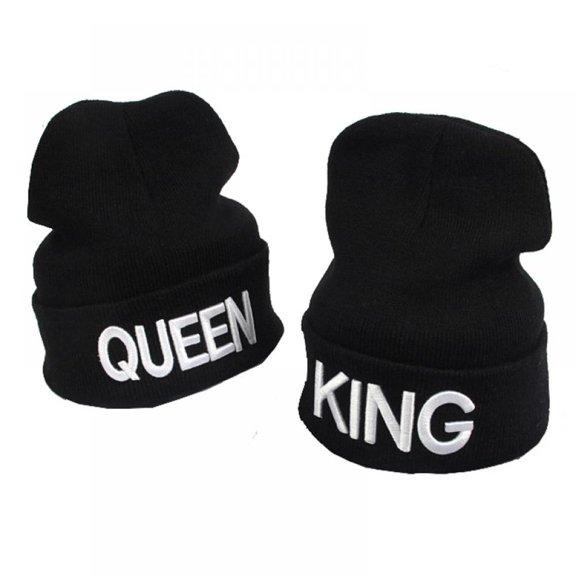 King & Queen Beanies Knit Cap Embroidery Thick Warm Winter Hats for Men Women
