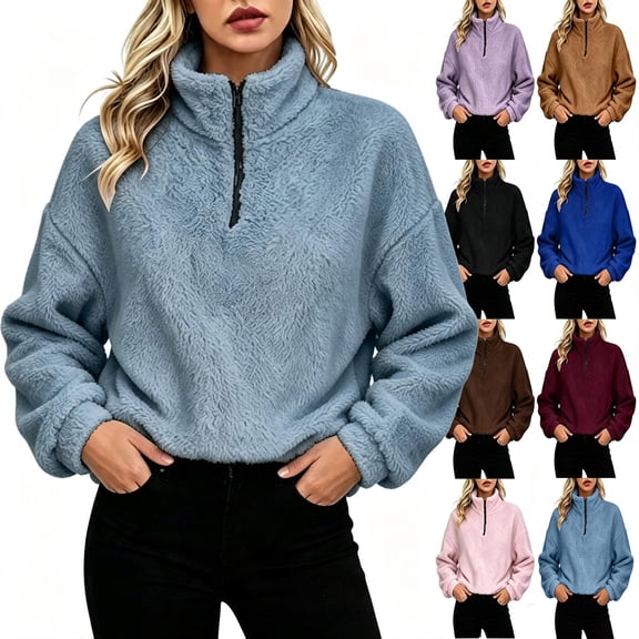 Women Fuzzy Sherpa Plush Quarter Zip Sweatshirt Sevevn Stand Collar Long Sleeve Side Pocket Oversized Warm Casual Pullover Tops