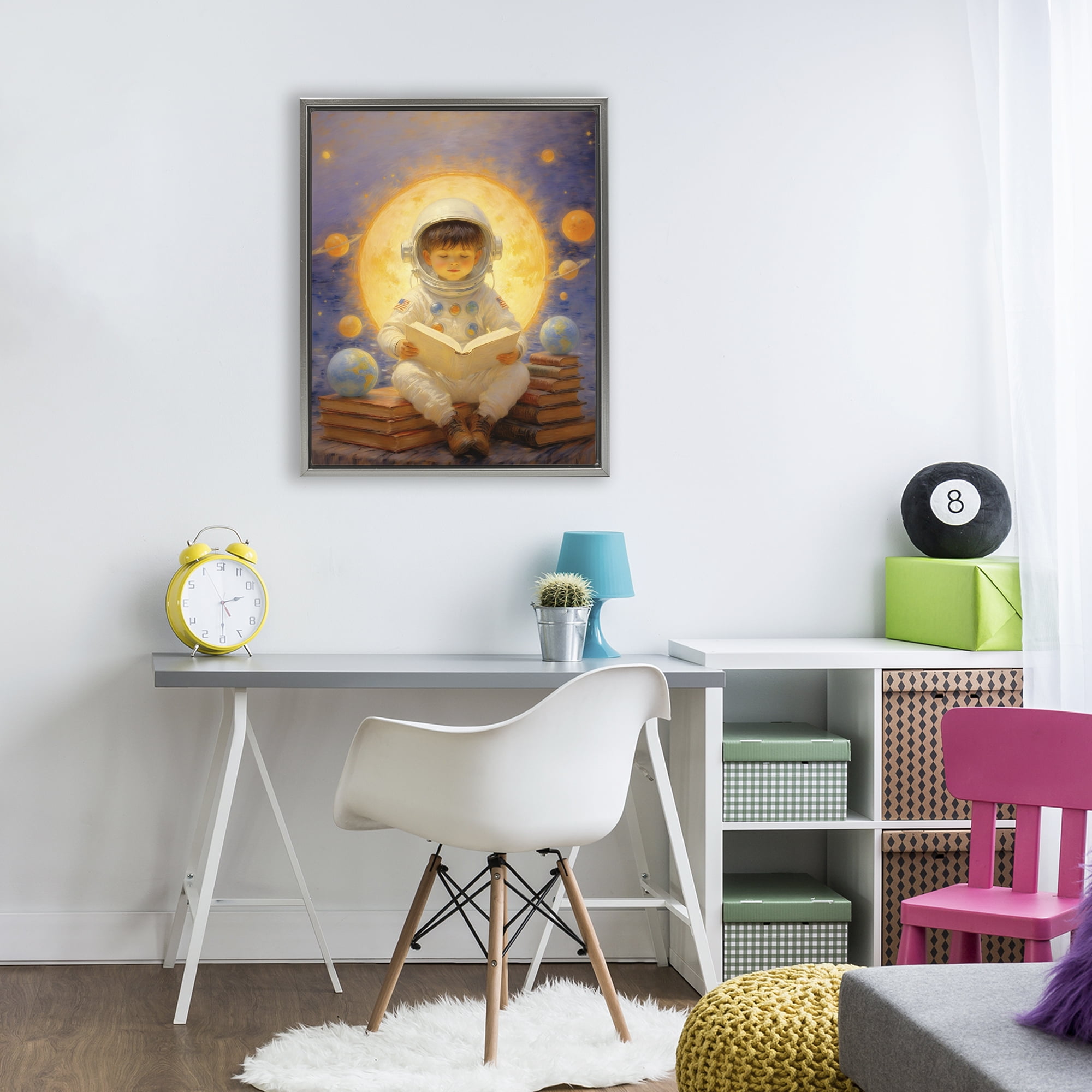 Astronaut Child Learning Gray Framed Floater Canvas Wall Art, design by Angie Hawke