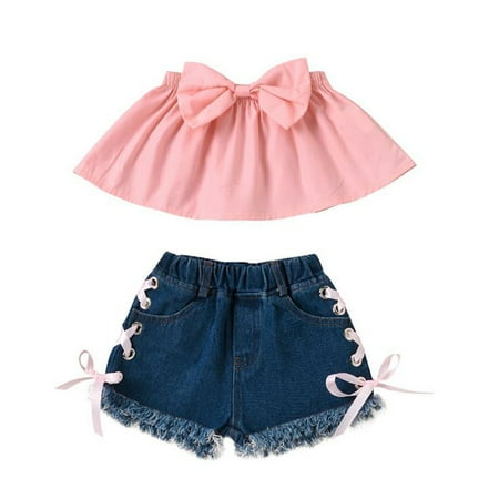 

Newborn Bow T shirt Denim Lace Shorts Outfits Set