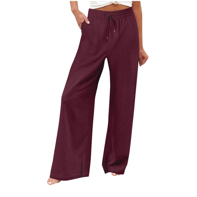 AherBiu Boho Pants for Women Slit Straight Wide Leg Drawstring High Waisted Summer Trousers with Pockets