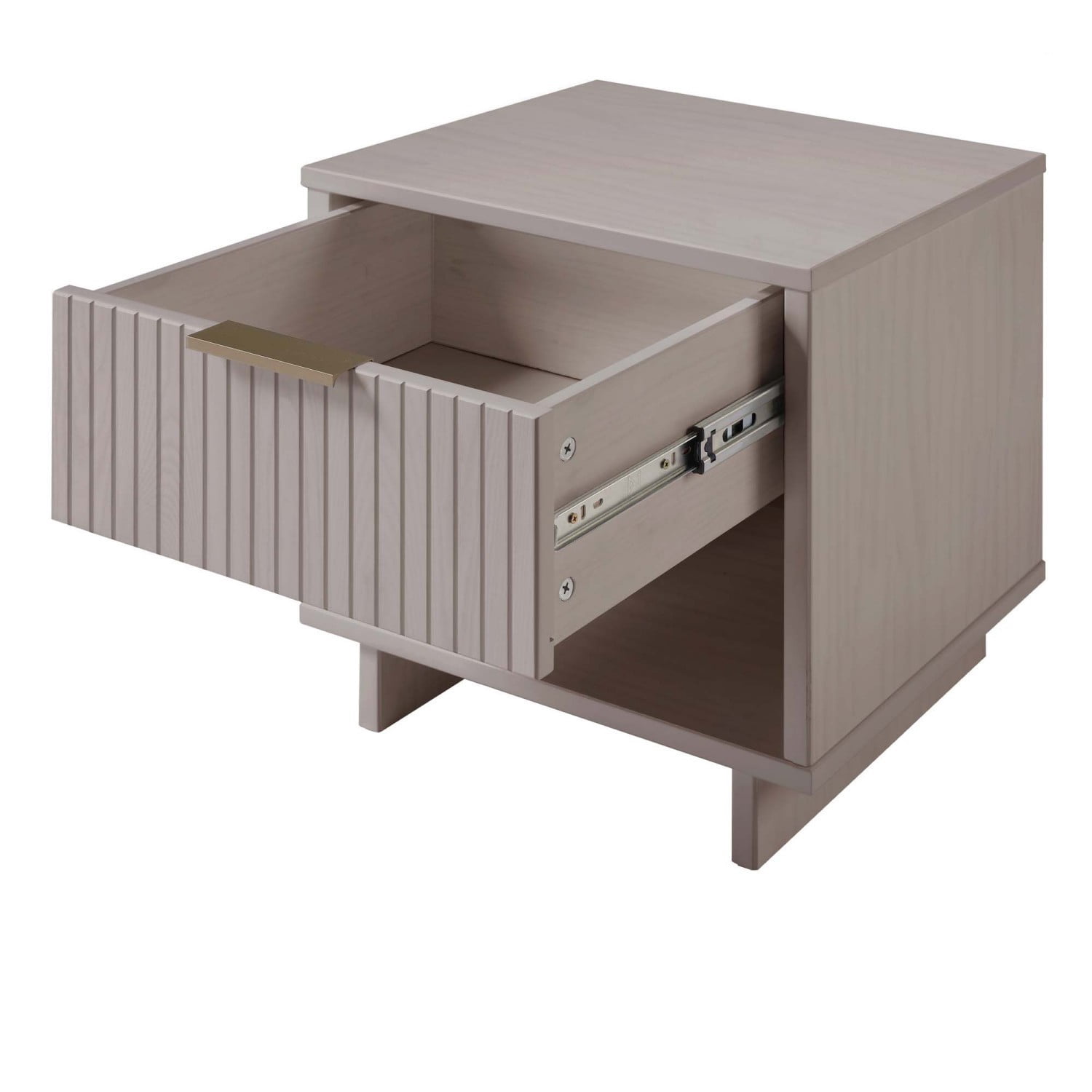 Light Gray Nightstand, Modern Contemporary Bedside Table with 1 Drawer, Solid Wood Ribbed Drawer Front and Gold Handle, Glam Storage End Table for Bedroom Living Room