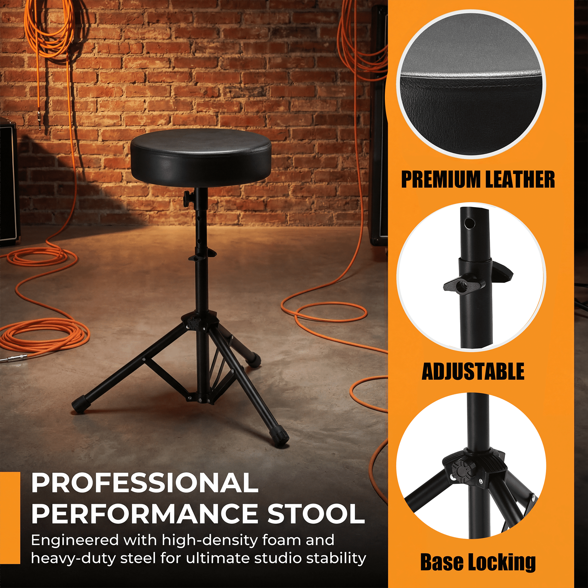 Olakula Drum Stool,Height-Adjustable,Padded, with Non-Slip Feet.(Black）