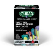 Curad Performance Series Ironman Antibacterial Bandages, Extreme Hold Adhesive Technology, Assorted Variety Pack , Includes Finger & Knuckle Fabric Bandages, 50 Count