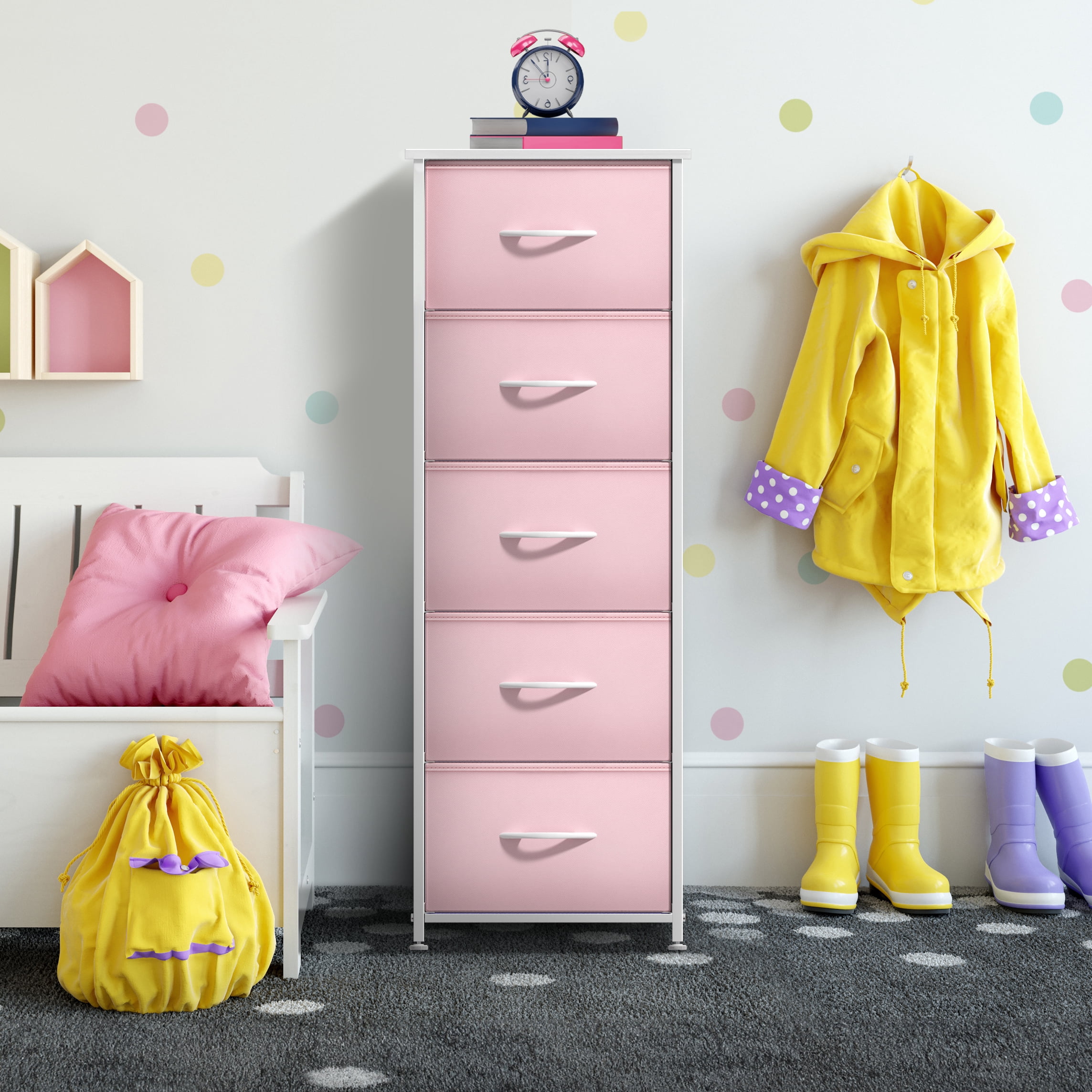 Sorbus Fabric Dresser for Kids – 5-Drawer Storage Tower, Clothing Organizer for Bedroom, Closet, Playroom & Nursery – Steel Frame, Fabric Bins with Wood Handles, Pink