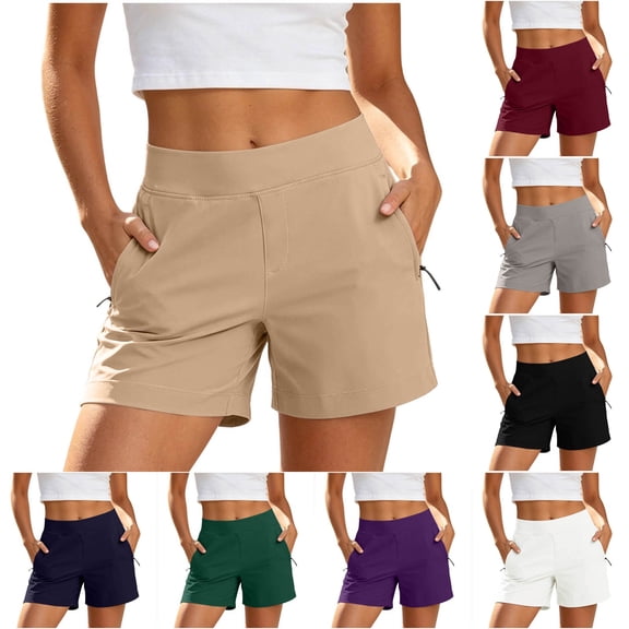 Women's Solid Color High Waisted Yoga Shorts Tummy Control Athletic Workout Shorts with Pockets Khaki XL(XL)