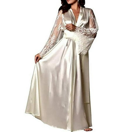 

Springcmy Womens Lace Sleeve Kimonos Robes Sleepwear Satin Robe Dress