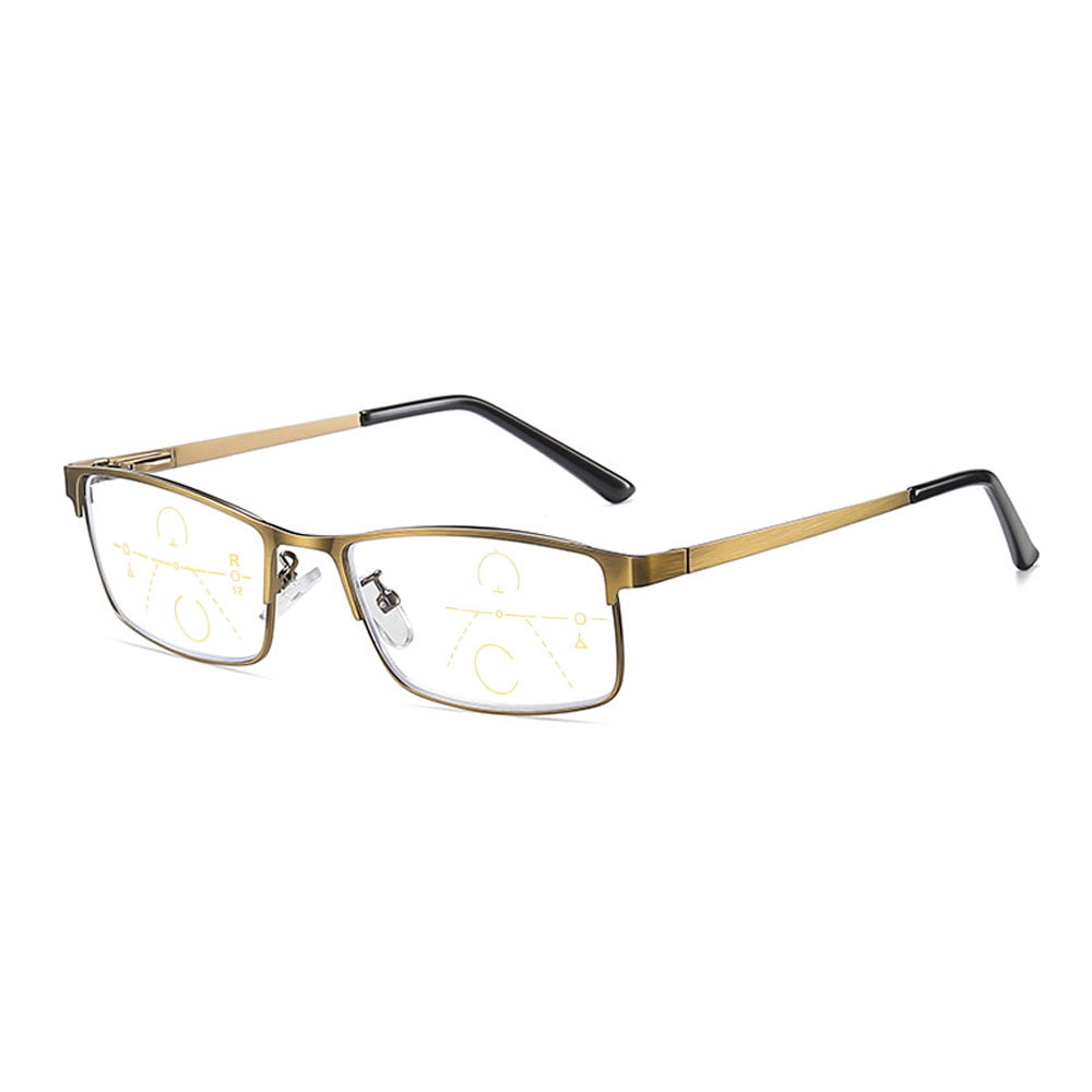 Mens Business Progressive Gold Reading Glasses, Metal Rectangular Multi-focal Presbyopia Glasses Classic Spring Hinges Readers +2.00