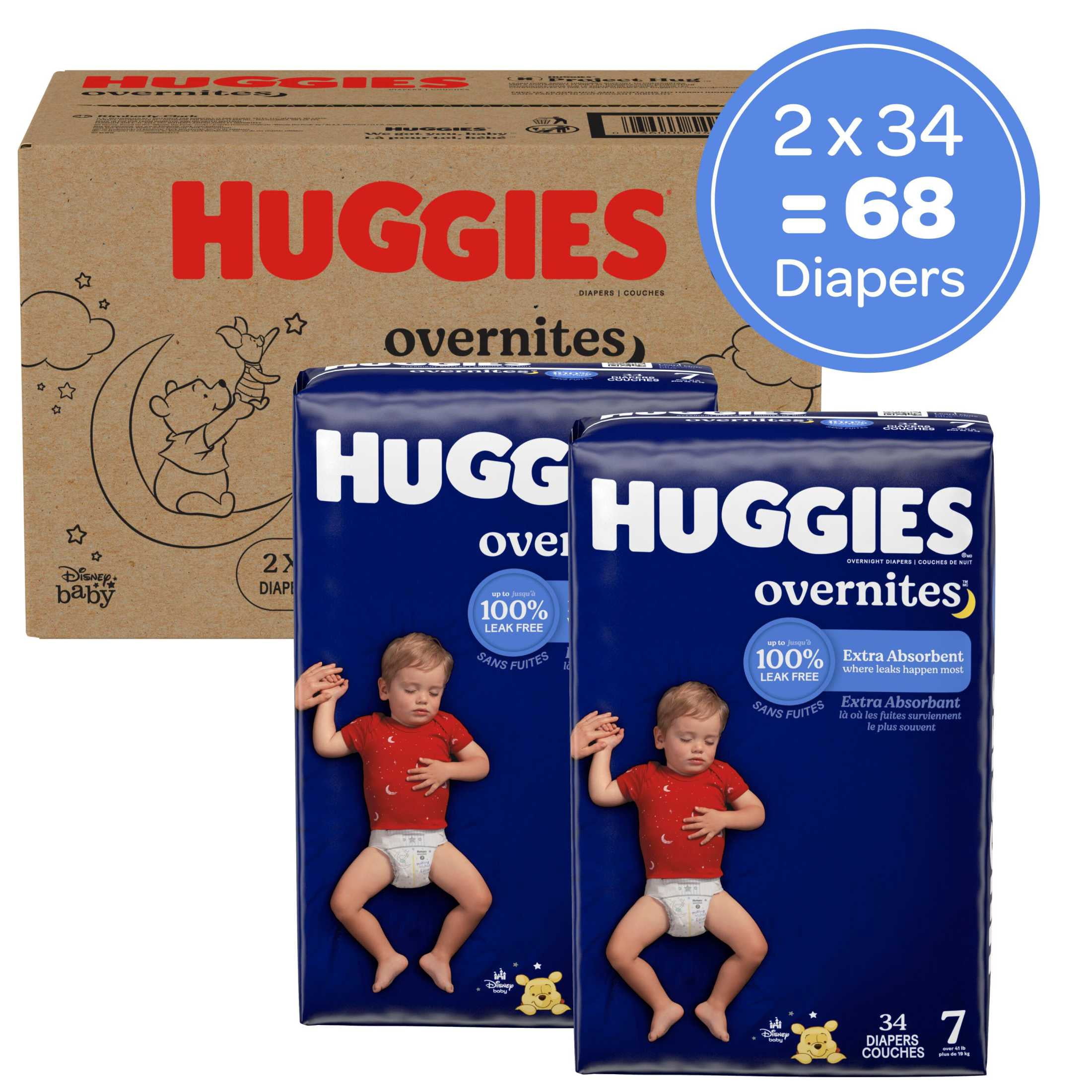 Huggies Overnites Nighttime Baby Diapers, Size 7 (41+ lbs), 68 Count (Select for More)